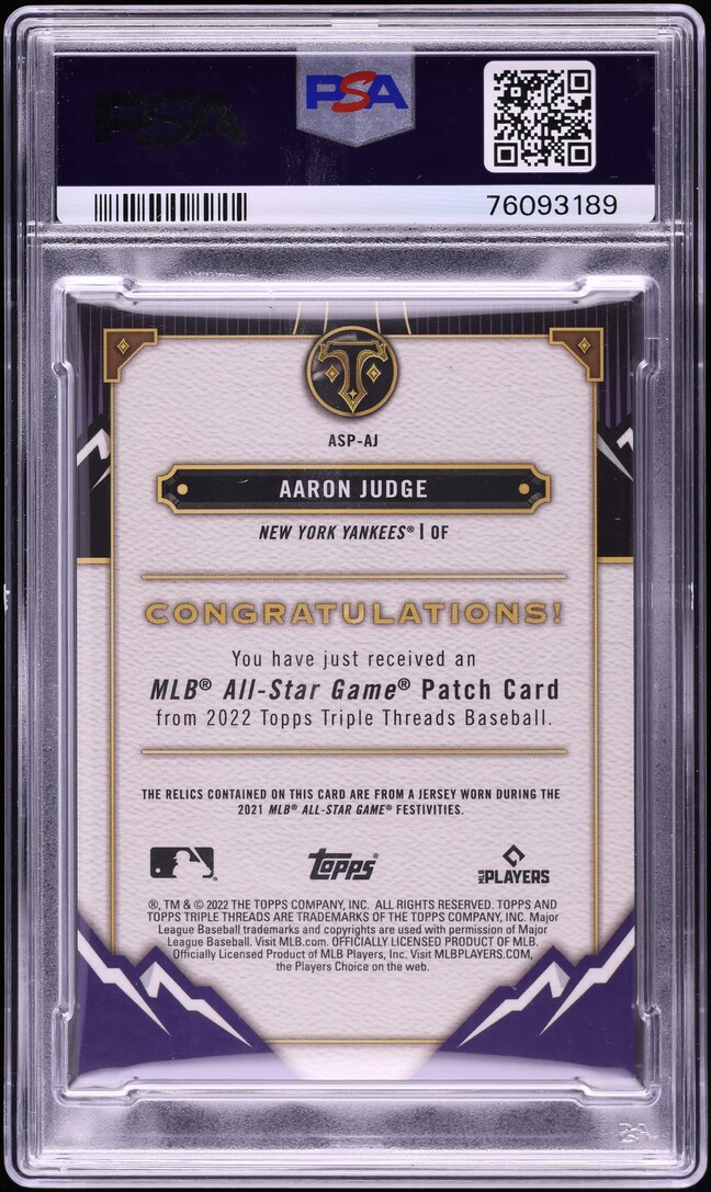 2022 Topps Triple Threads All-Star Aaron Judge PATCH /9 #ASP-AJ PSA 10 GEM MINT