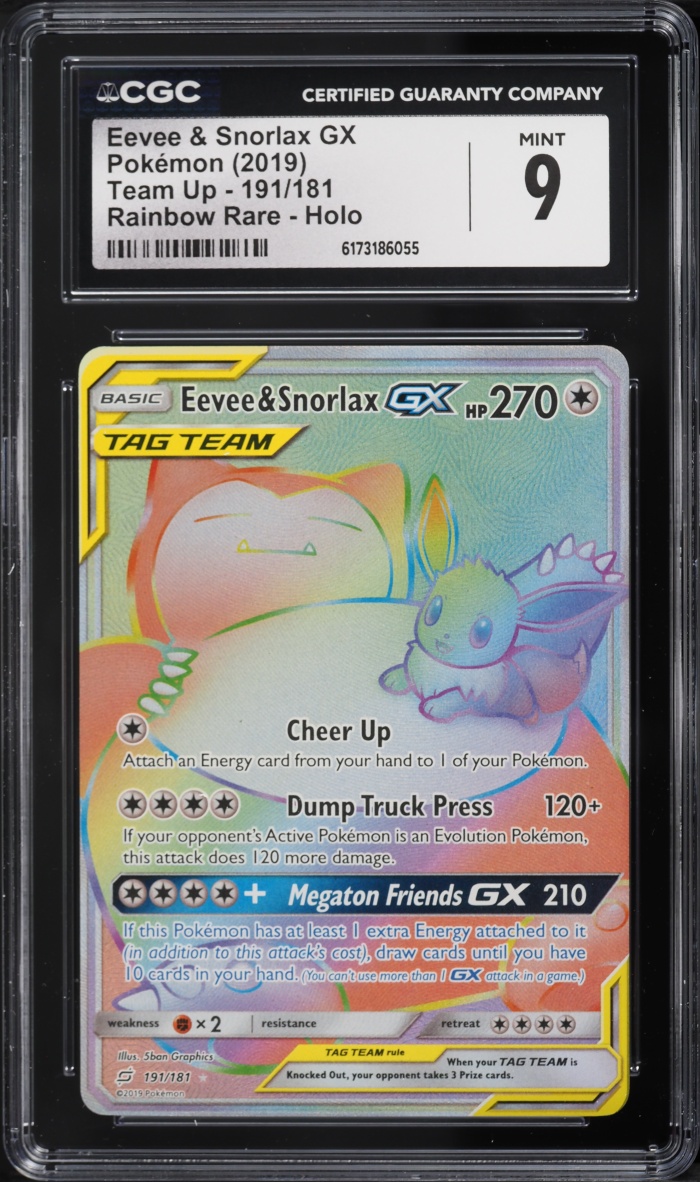 2019 Pokemon SM Team Up Rainbow Rare Eevee & Snorlax GX #191 CGC 9 MINT