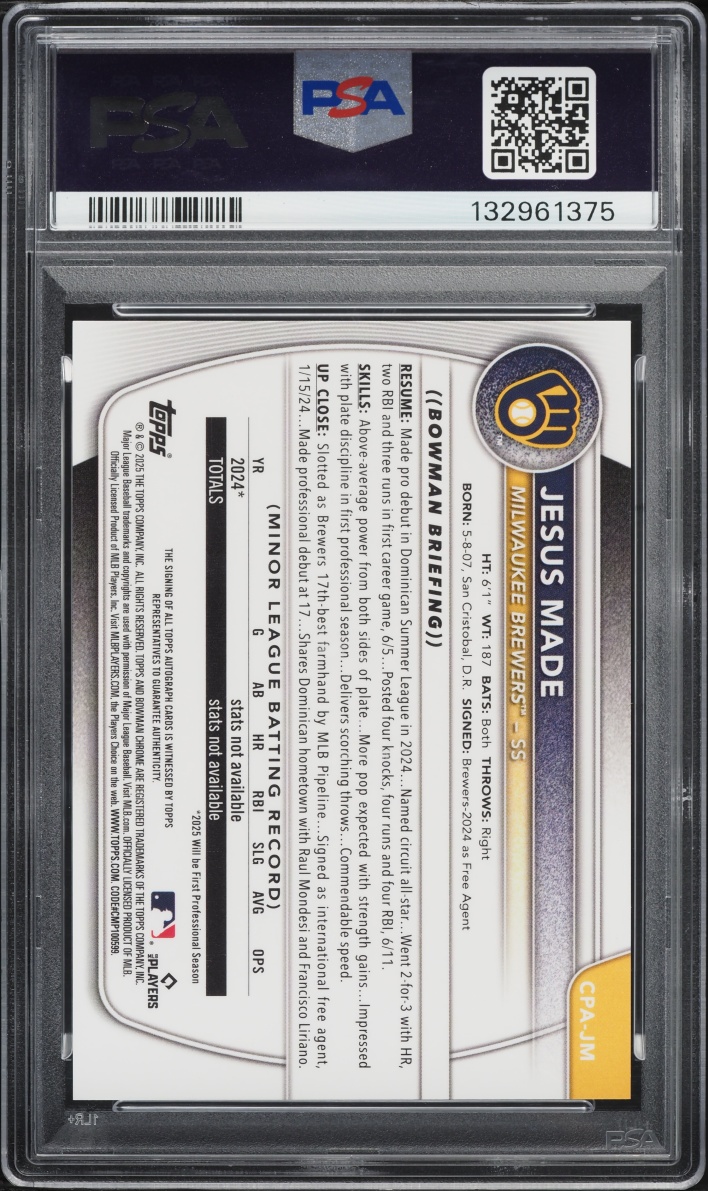 2025 Bowman Chrome Green Refractor Jesus Made PROSPECT AUTO /99 #CPA-JM PSA 10 GEM MINT