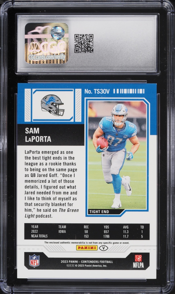 2023 Panini Contenders Ticket Variation Sam LaPorta ROOKIE PATCH #TS30V CGC 9 MINT