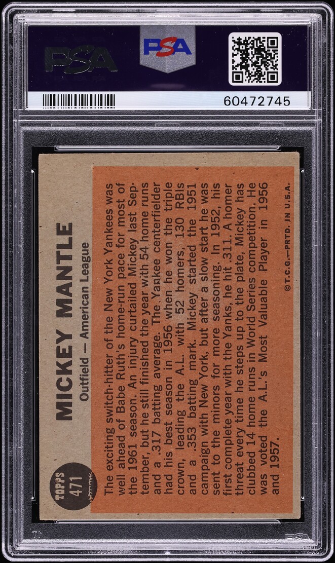 1962 Topps Mickey Mantle ALL-STAR #471 PSA 2 GD