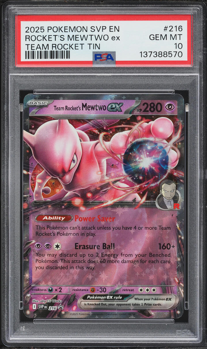 2025 Pokemon Scarlet & Violet Promo Team Rocket Tin Holo Rocket's Mewtwo ex #216 PSA 10 GEM