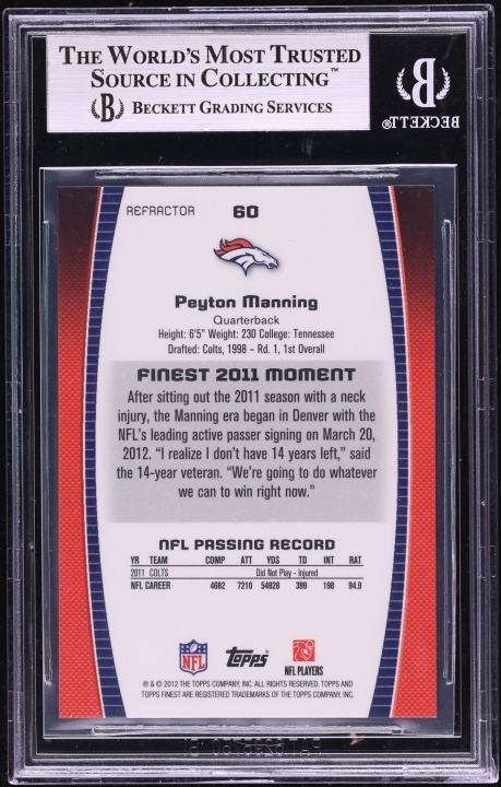 2012 Finest Pulsar Refractor Peyton Manning /10 #60 BGS 9 MINT - Photo 2
