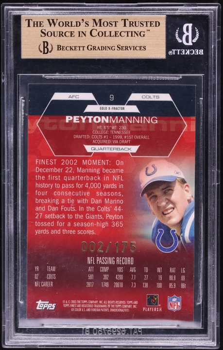 2003 Finest Xfractor Peyton Manning /175 #9 BGS 9.5 GEM MINT - Photo 2
