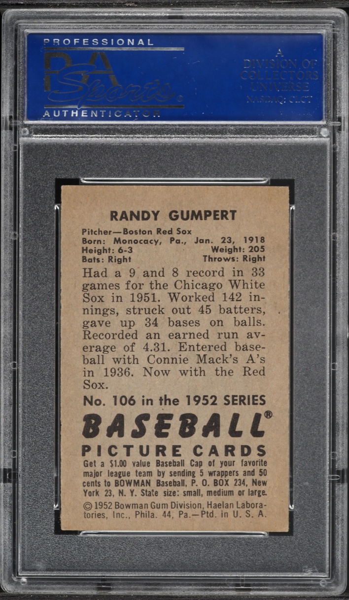 1952 Bowman Randy Gumpert #106 PSA 7 NRMT