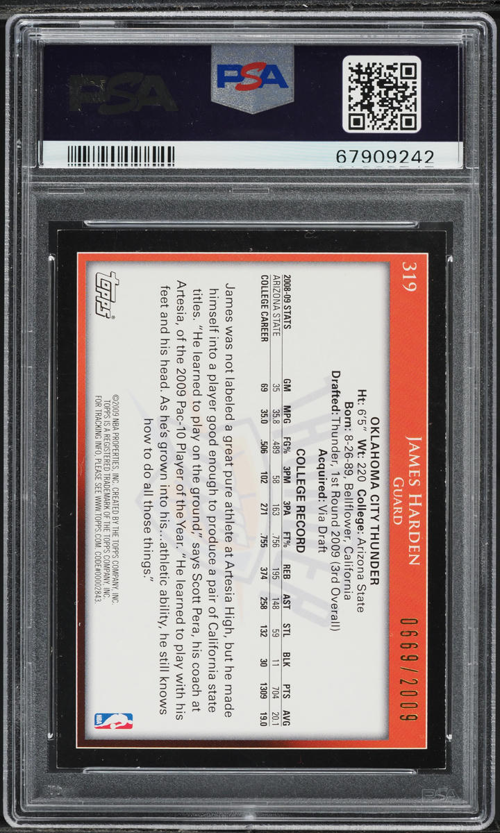 2009 Topps Gold James Harden ROOKIE /2009 #319 PSA 8 NM-MT