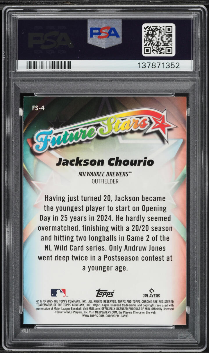2025 Topps Chrome Future Stars Jackson Chourio #FS-4 PSA 10 GEM MINT