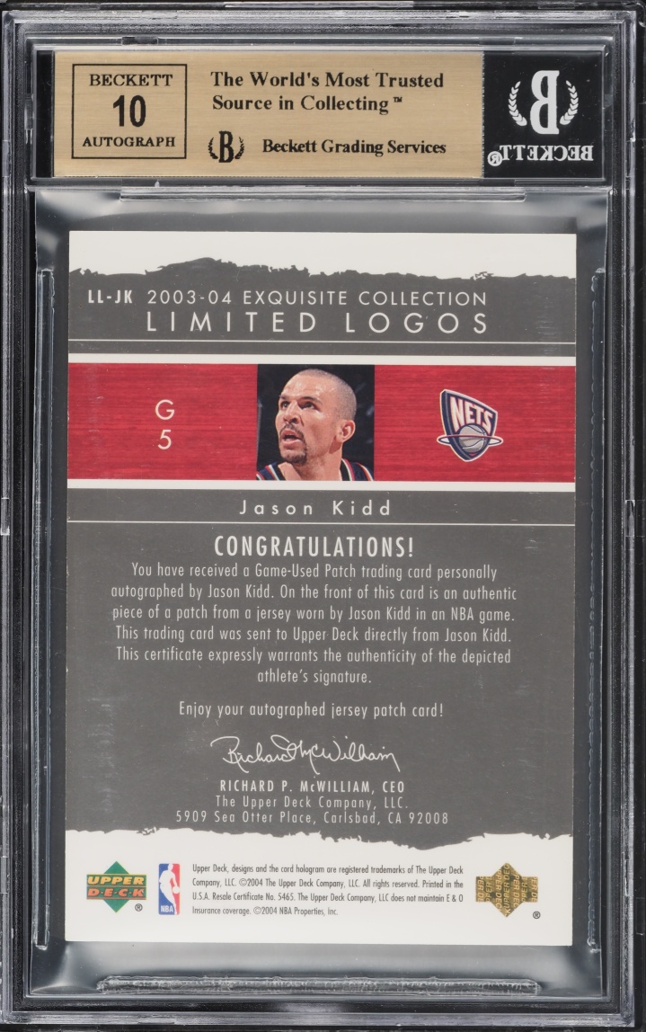 2003 Exquisite Collection Limited Logos Jason Kidd PATCH AUTO /75 #LL-JK BGS 9.5 GEM MINT