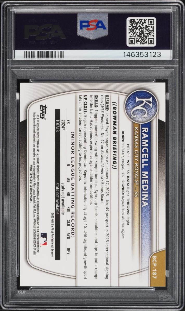 2025 Bowman Chrome Red Refractor Ramcell Medina PROSPECT /5 #BCP-187 PSA 10 GEM MINT