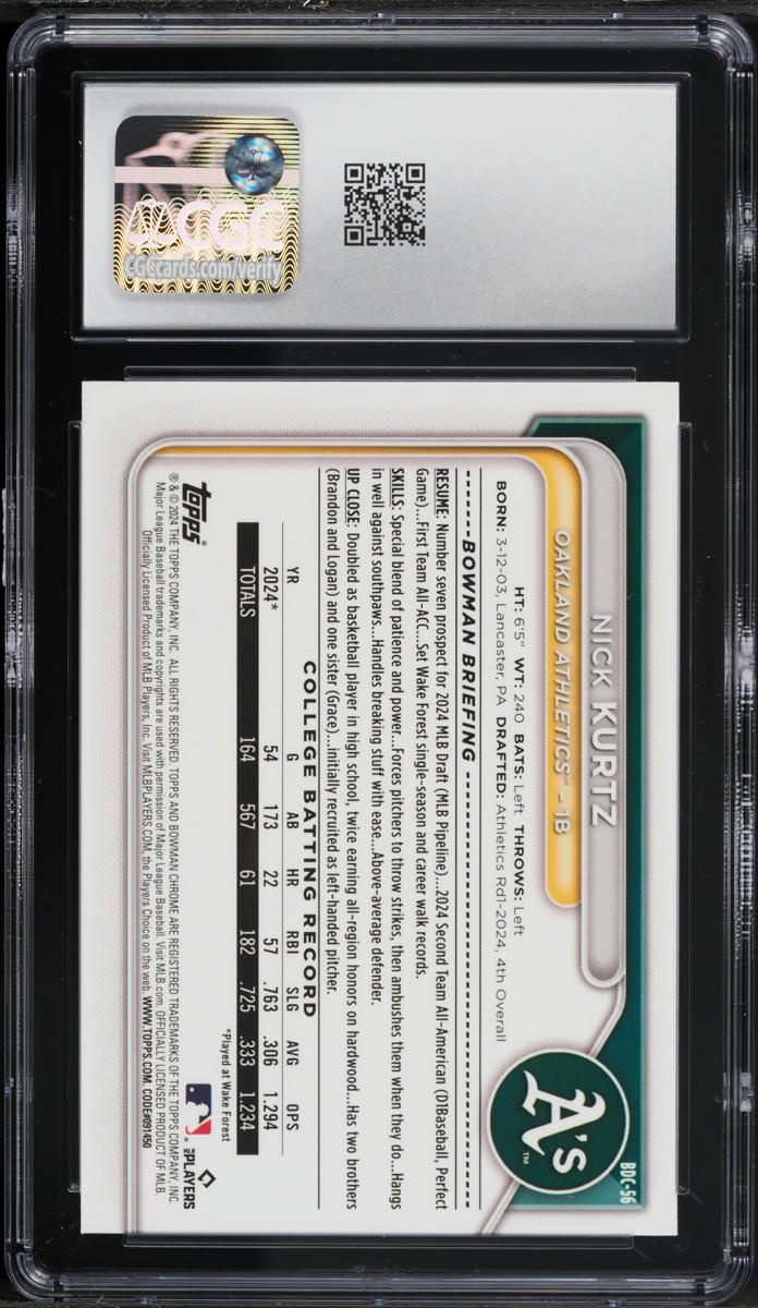 2024 Bowman Chrome Draft Nick Kurtz PROSPECT #BDC-56 CGC 8 NM-MT