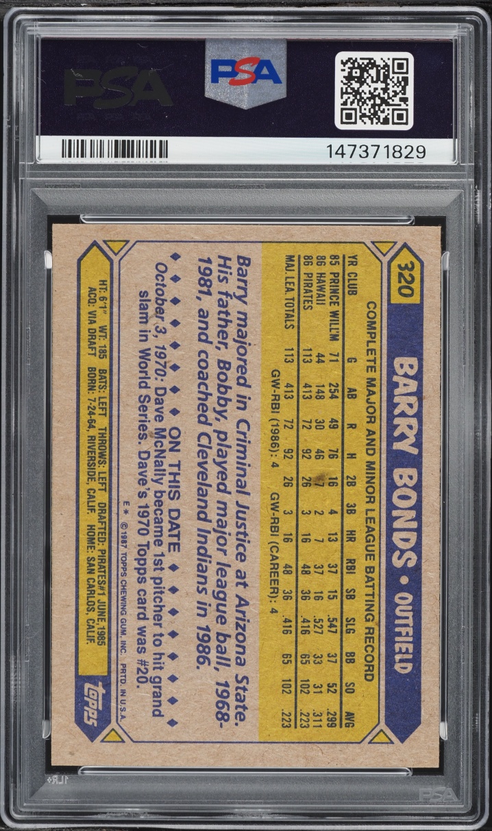 1987 Topps Barry Bonds ROOKIE #320 PSA 8 NM-MT
