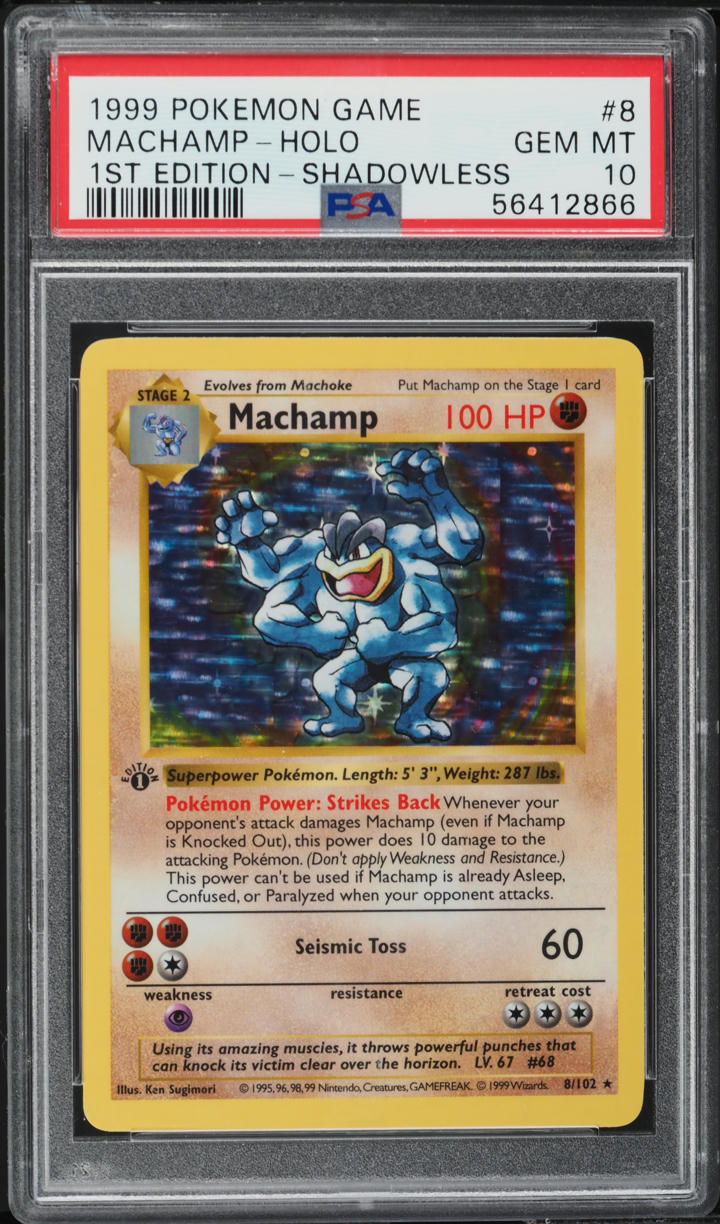 1999 Pokemon Base Set Shadowless 1st Edition Holo Machamp #8 PSA 10 GEM MINT