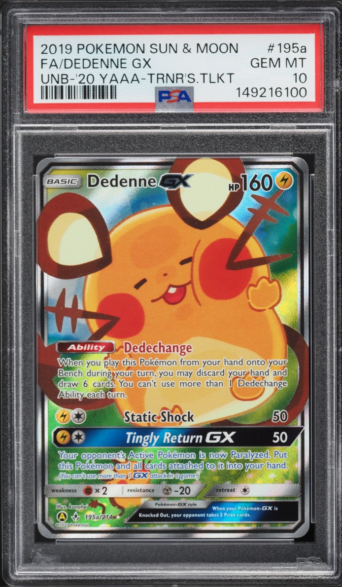 2020 Pokemon Sun & Moon Unbroken Bonds Trainer's Toolkit Full Art Dedenne GX #195a PSA 10 GEM