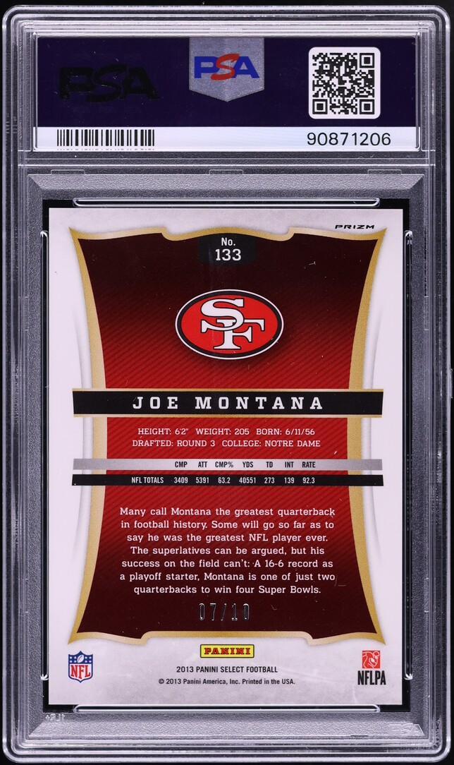 2013 Select Gold Prizm Joe Montana /10 #133 PSA 10 GEM MINT