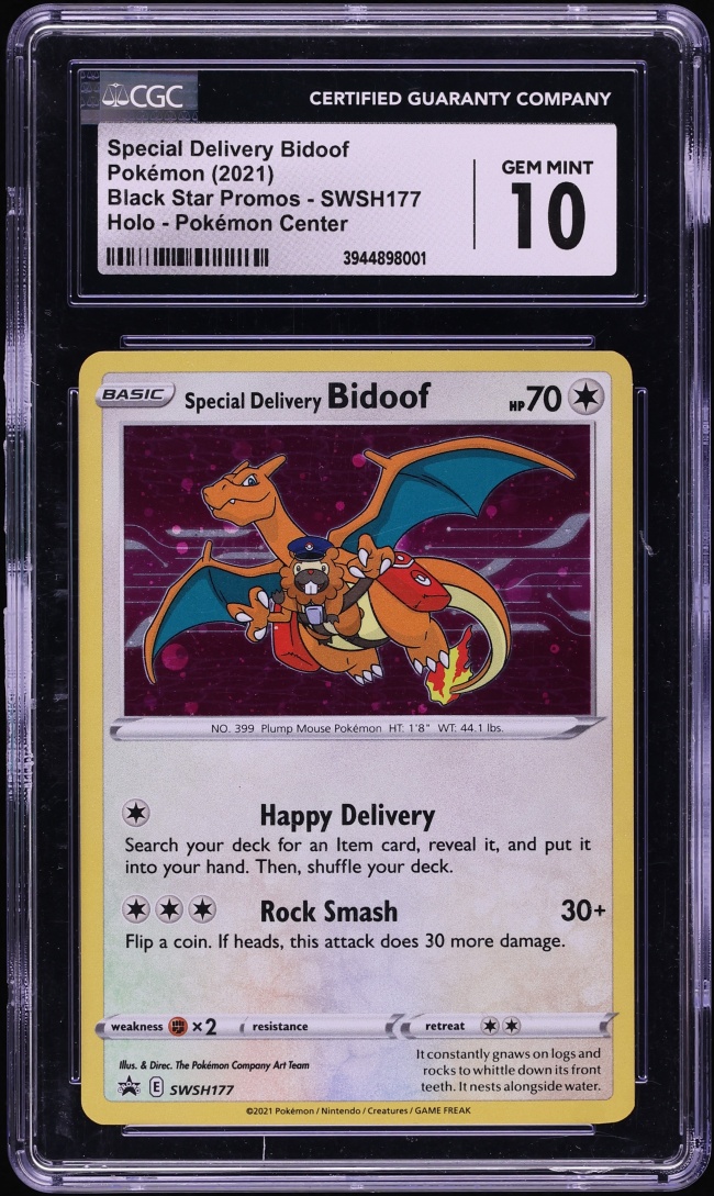 2021 Pokemon Sword & Shield Promo Center Holo Special Delivery Bidoof #SWSH177 CGC 10 GEM MINT