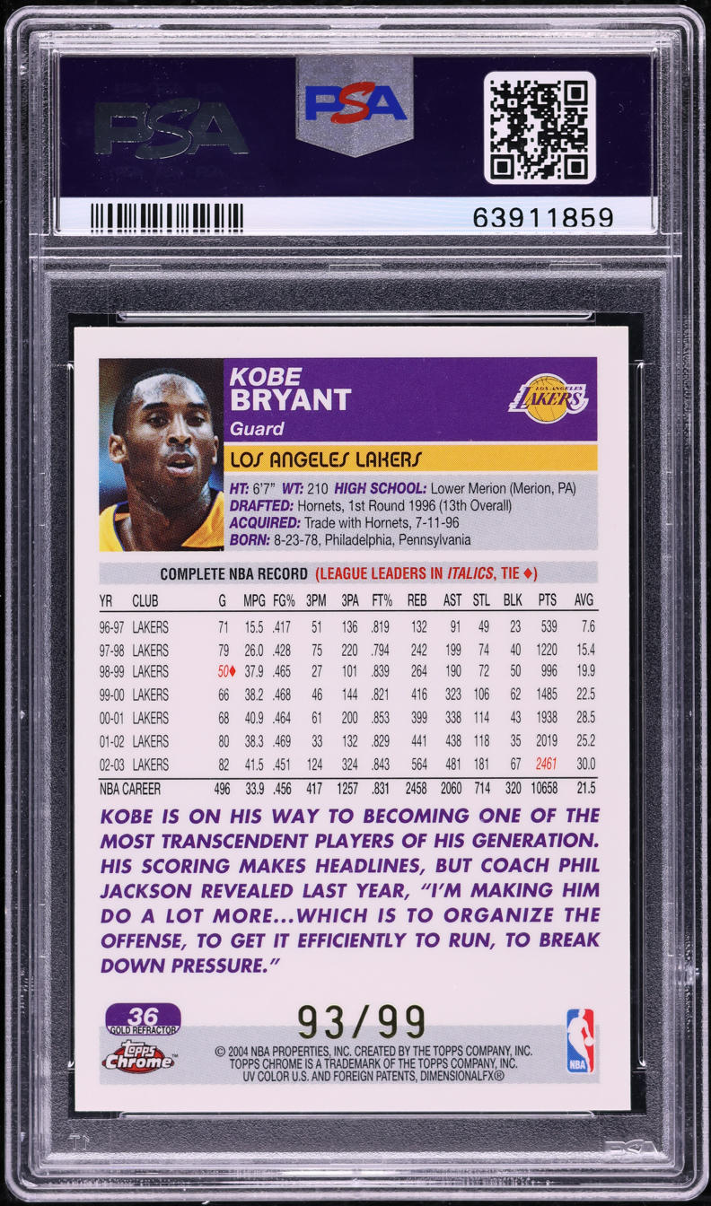 2003 Topps Chrome Gold Refractor Kobe Bryant /99 #36 PSA 9 MINT