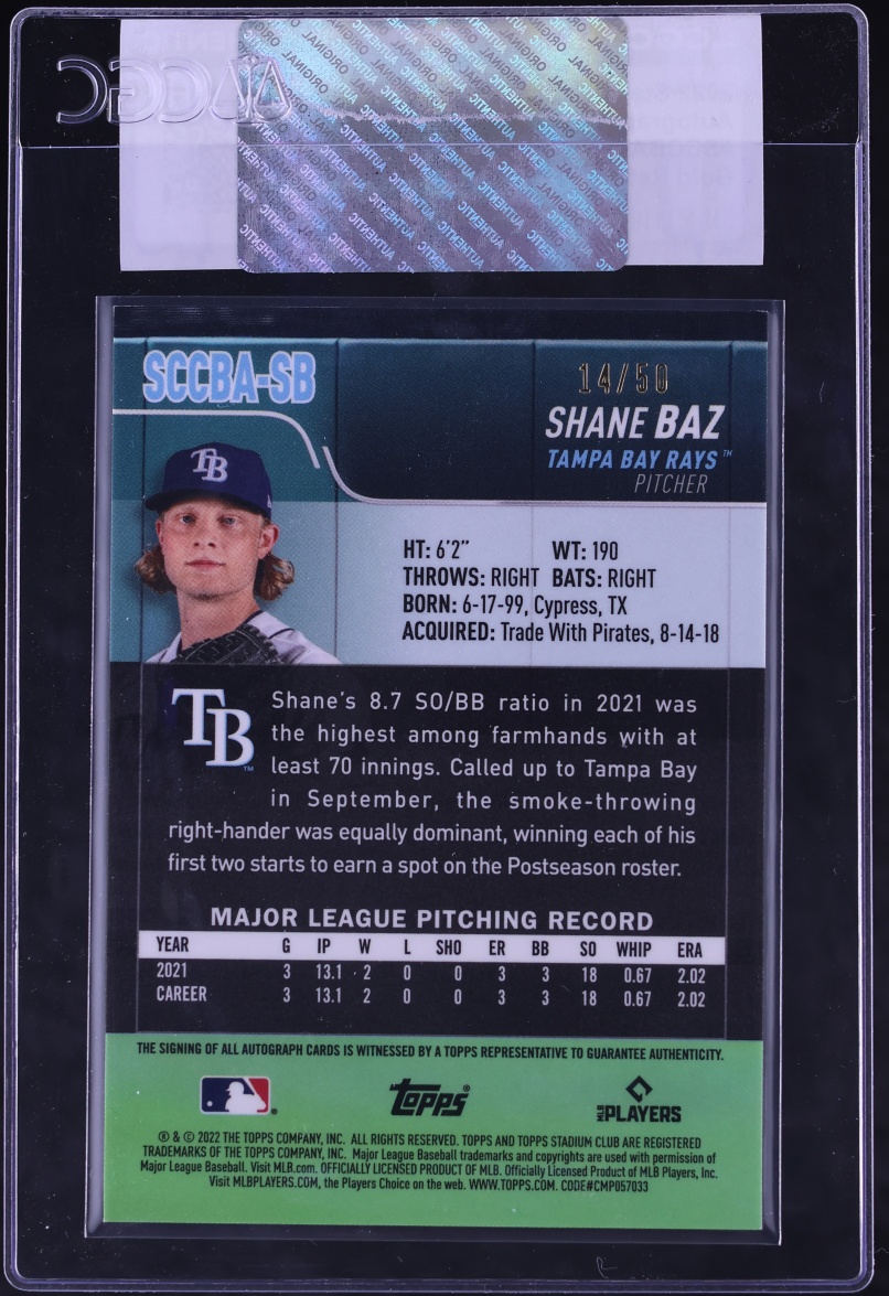 2022 Stadium Club Chrome Gold Refractor Shane Baz ROOKIE AUTO /50 #SCCBA-SB CGC AUTH