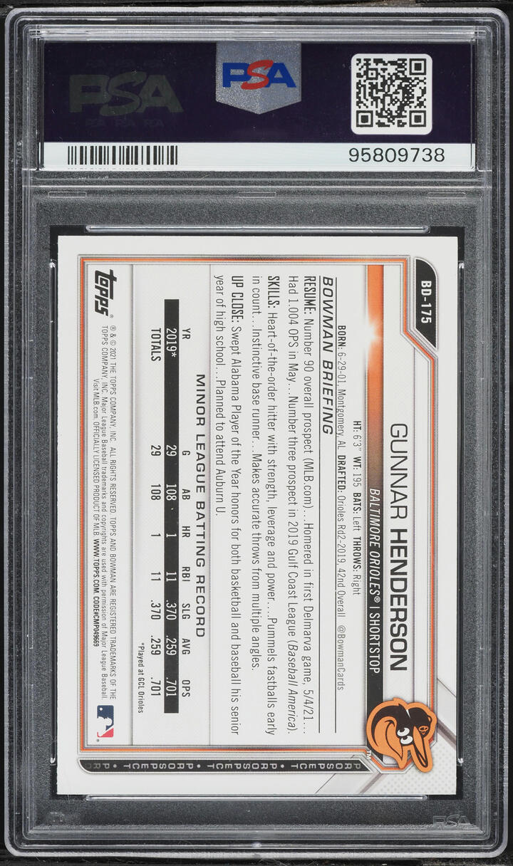 2021 Bowman Draft Gunnar Henderson PROSPECT #BD-175 PSA 8 NM-MT