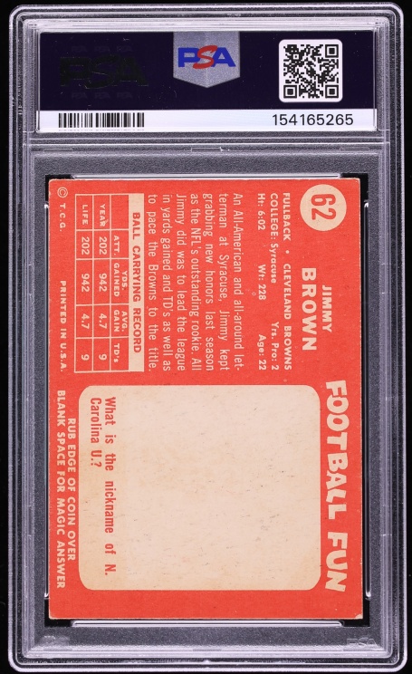 1958 Topps Football Jim Brown ROOKIE #62 PSA 3 VG