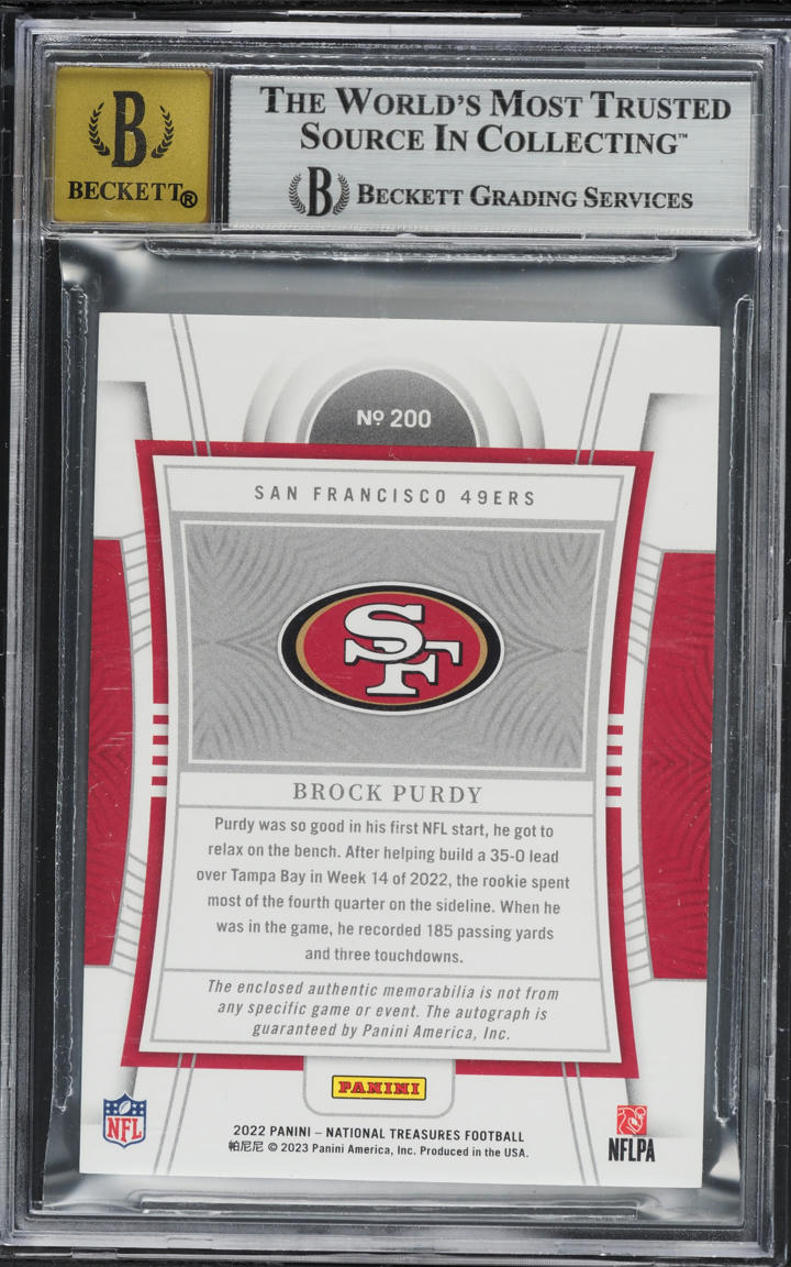 2022 National Treasures Stars & Stripes Blue Brock Purdy ROOKIE PATCH AUTO /10 #200 BGS 9 MINT