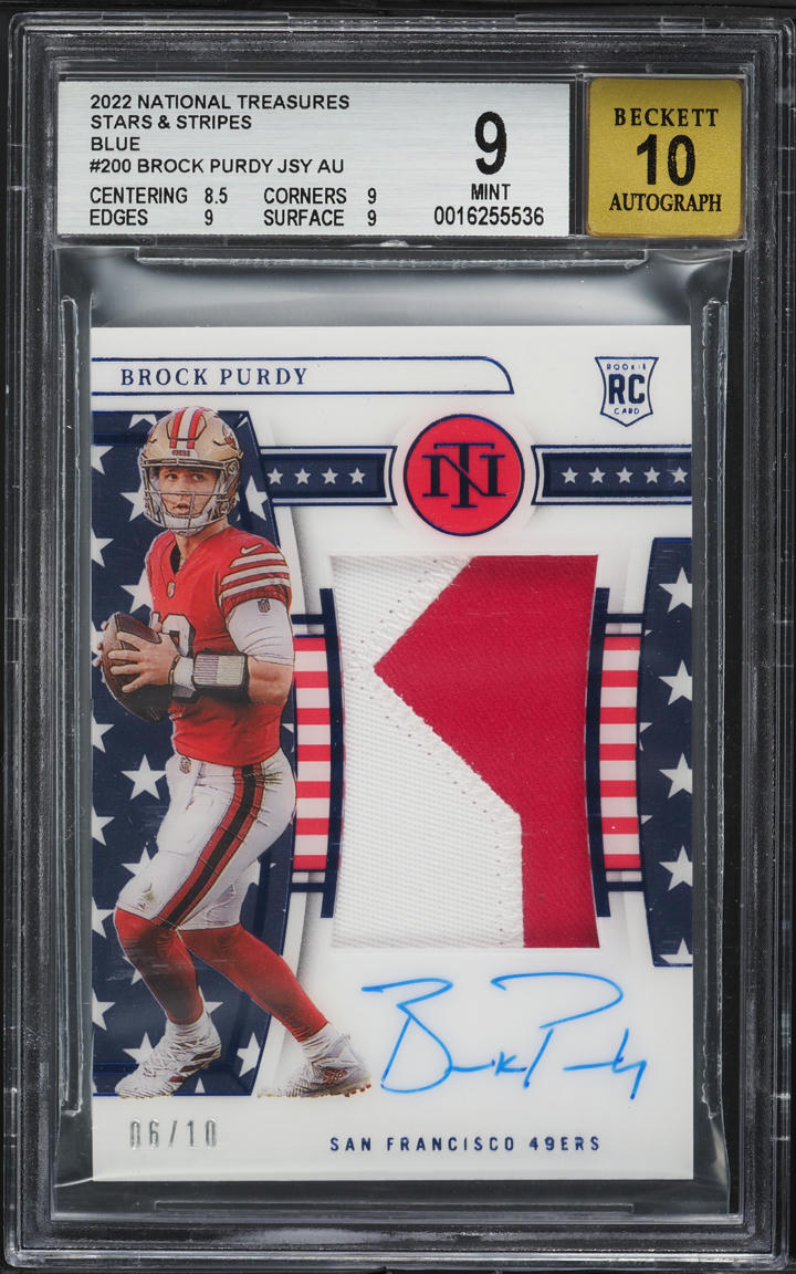2022 National Treasures Stars & Stripes Blue Brock Purdy ROOKIE PATCH AUTO /10 #200 BGS 9 MINT