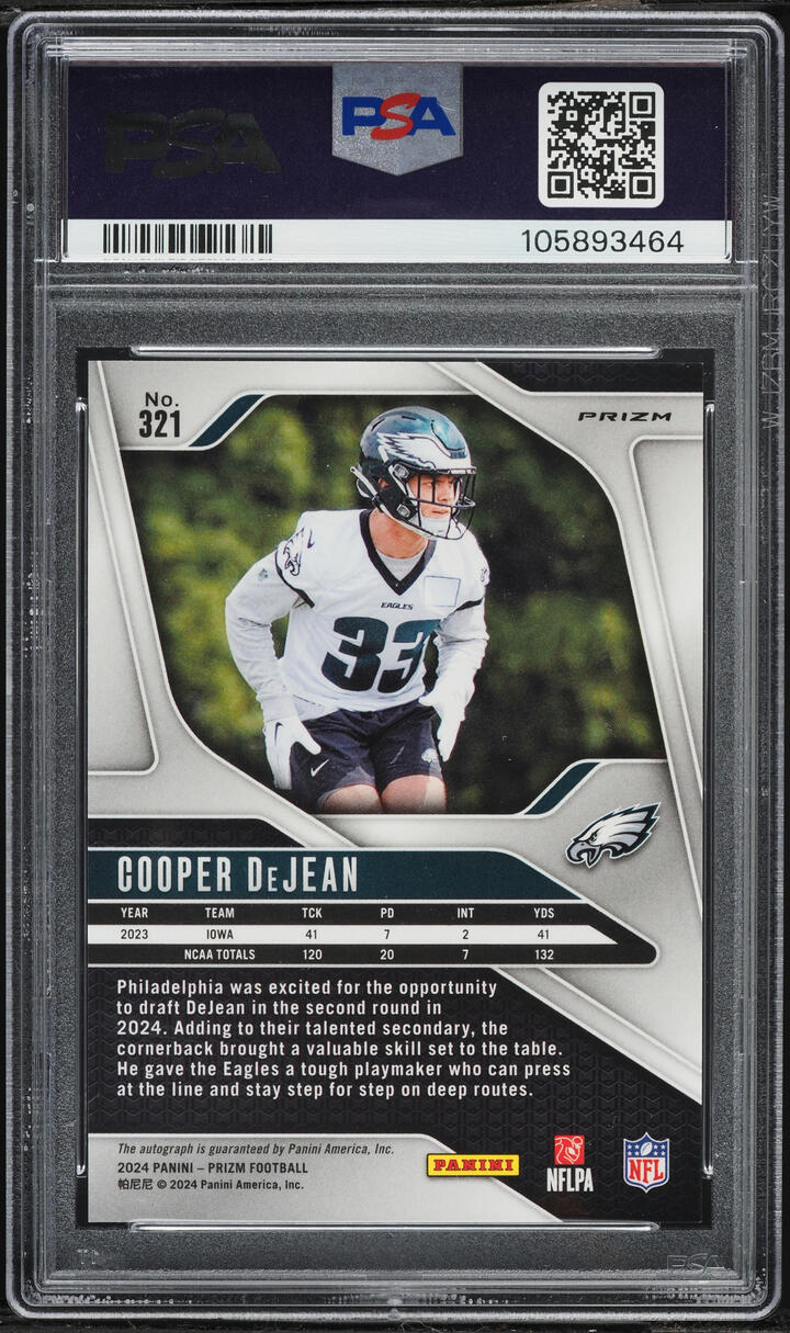 2024 Panini Prizm No Huddle Cooper DeJean ROOKIE AUTO #321 PSA 10 GEM MINT