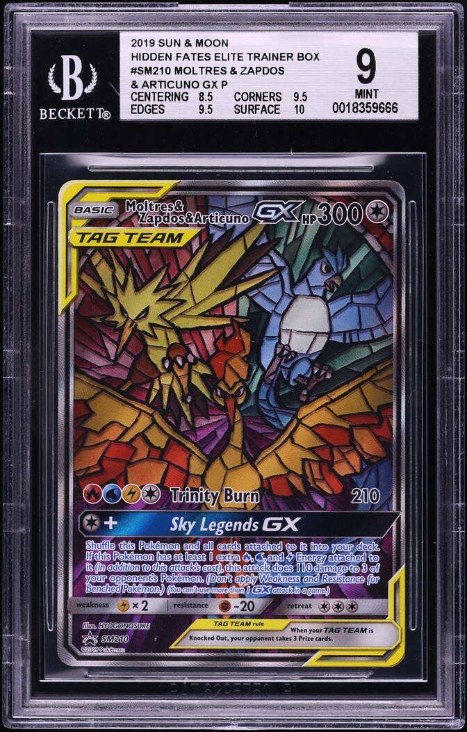 2019 Pokemon Sun & Moon Hidden Fates ETB Moltres & Zapdos Articuno GX BGS 9