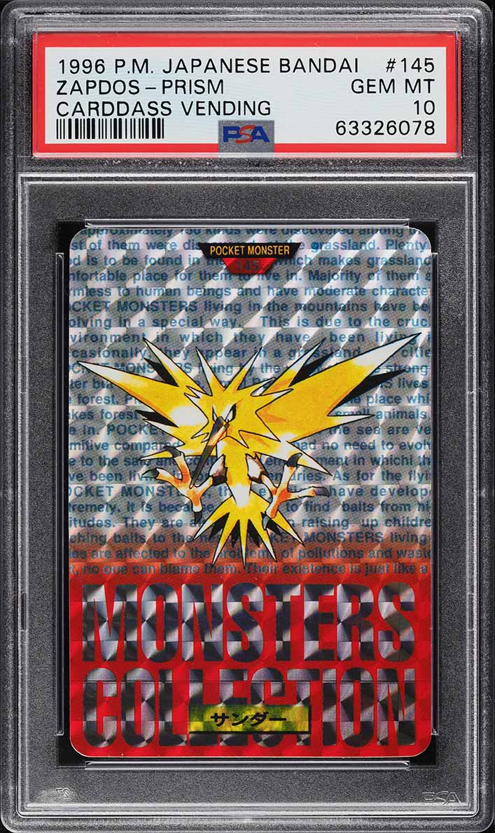 1996 Pokemon Japanese Bandai Carddass Vending Prism Zapdos #145 PSA 10 GEM MINT