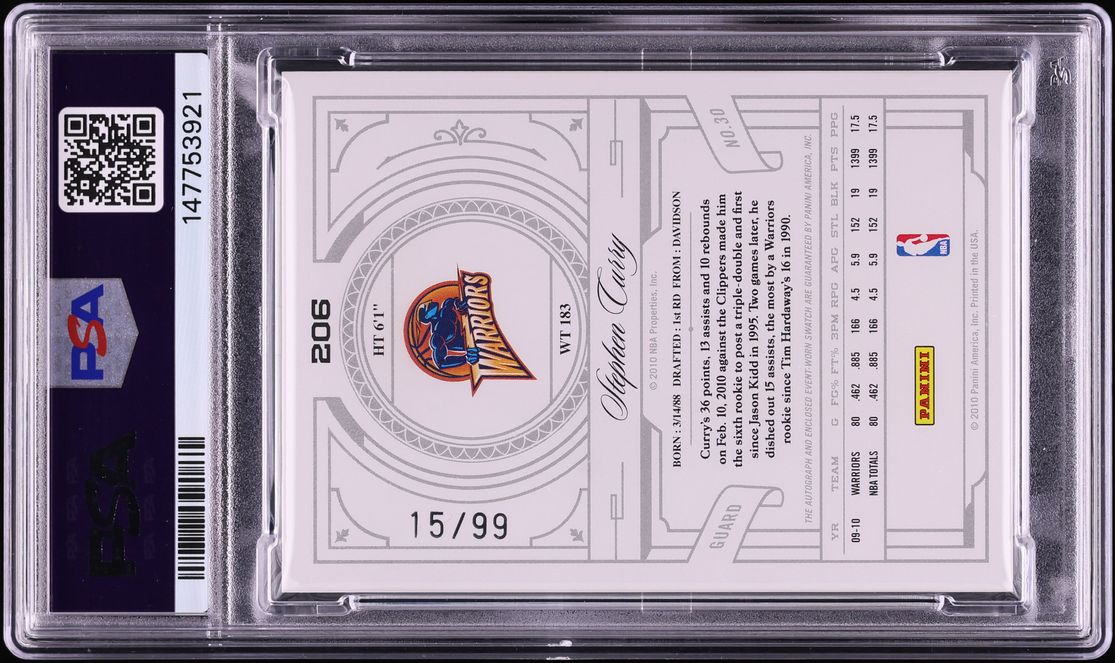 2009 Playoff National Treasures Stephen Curry ROOKIE PATCH AUTO DNA 10 /99 #206 PSA AUTH