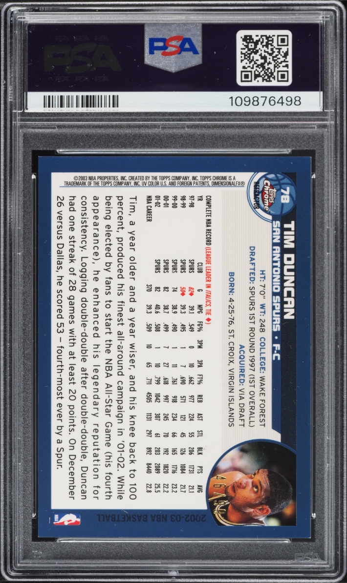 2002 Topps Chrome Black Refractor Tim Duncan /99 #78 PSA 9 MINT