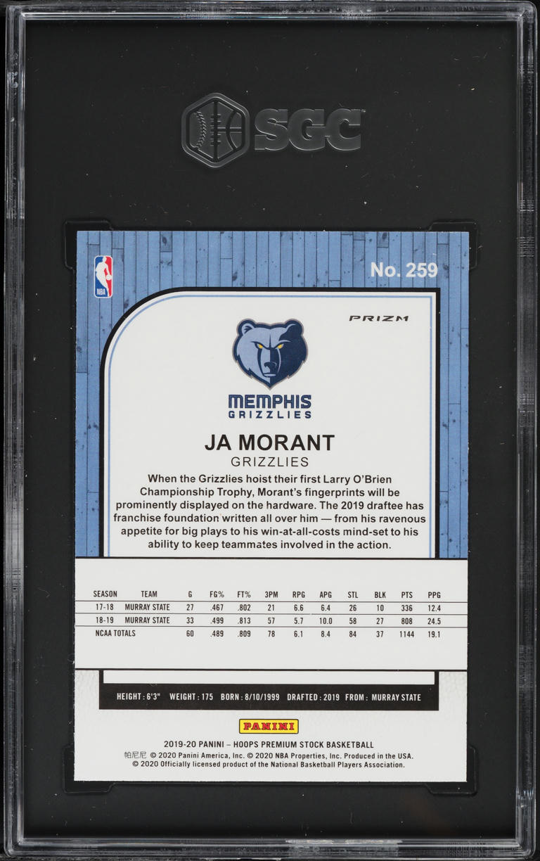 2019 Hoops Premium Stock Silver Prizm Ja Morant ROOKIE #259 SGC 9 MINT