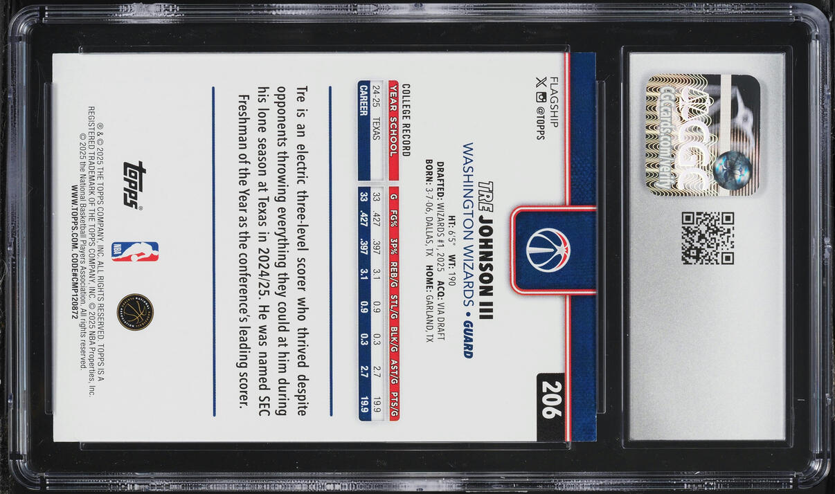 2025 Topps Basketball Tre Johnson III ROOKIE #206 CGC 10 GEM MINT