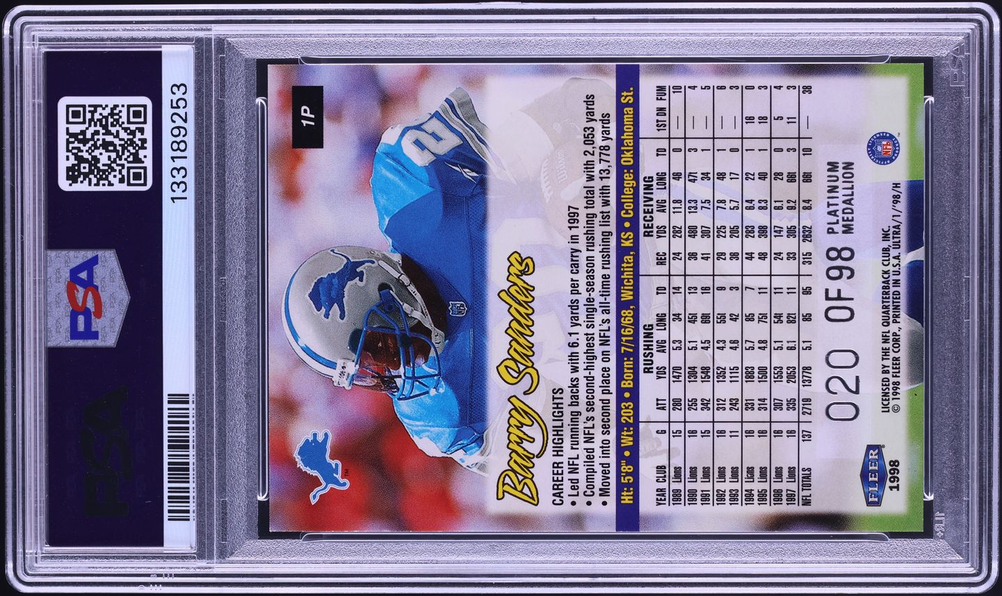 1998 Ultra Platinum Medallion Barry Sanders JERSEY # 20/98 #1P PSA 9 MINT