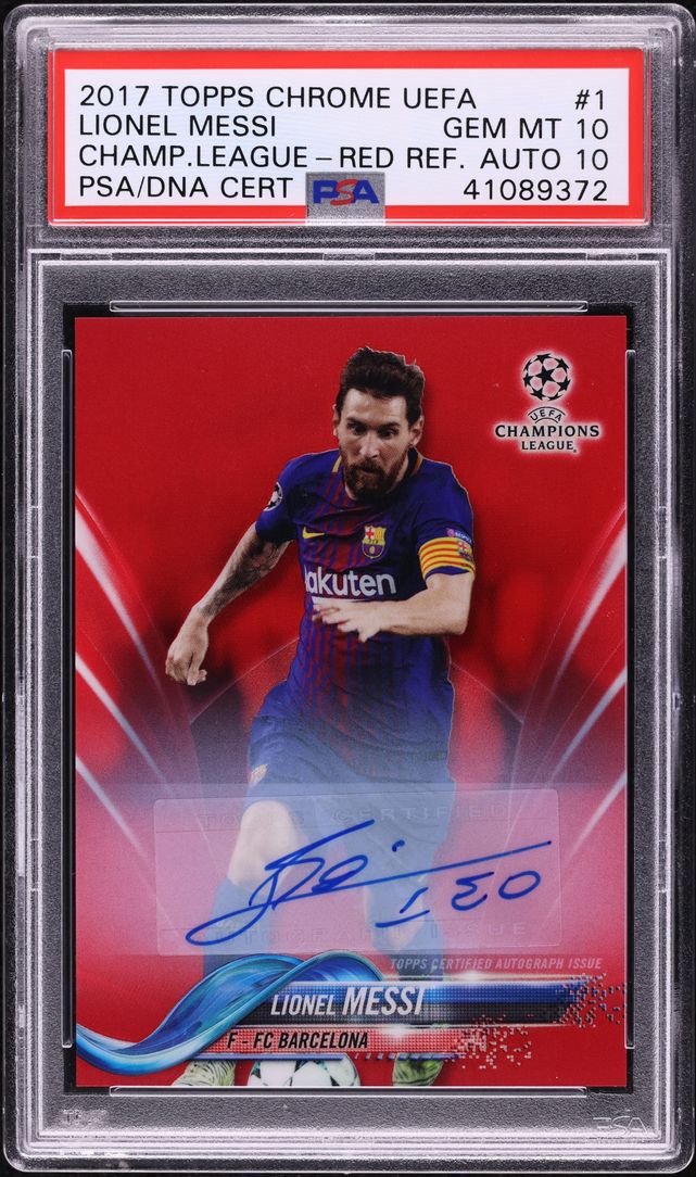 2017 Topps Chrome UEFA Red Refractor Lionel Messi AUTO DNA 10 /10 #1 ...