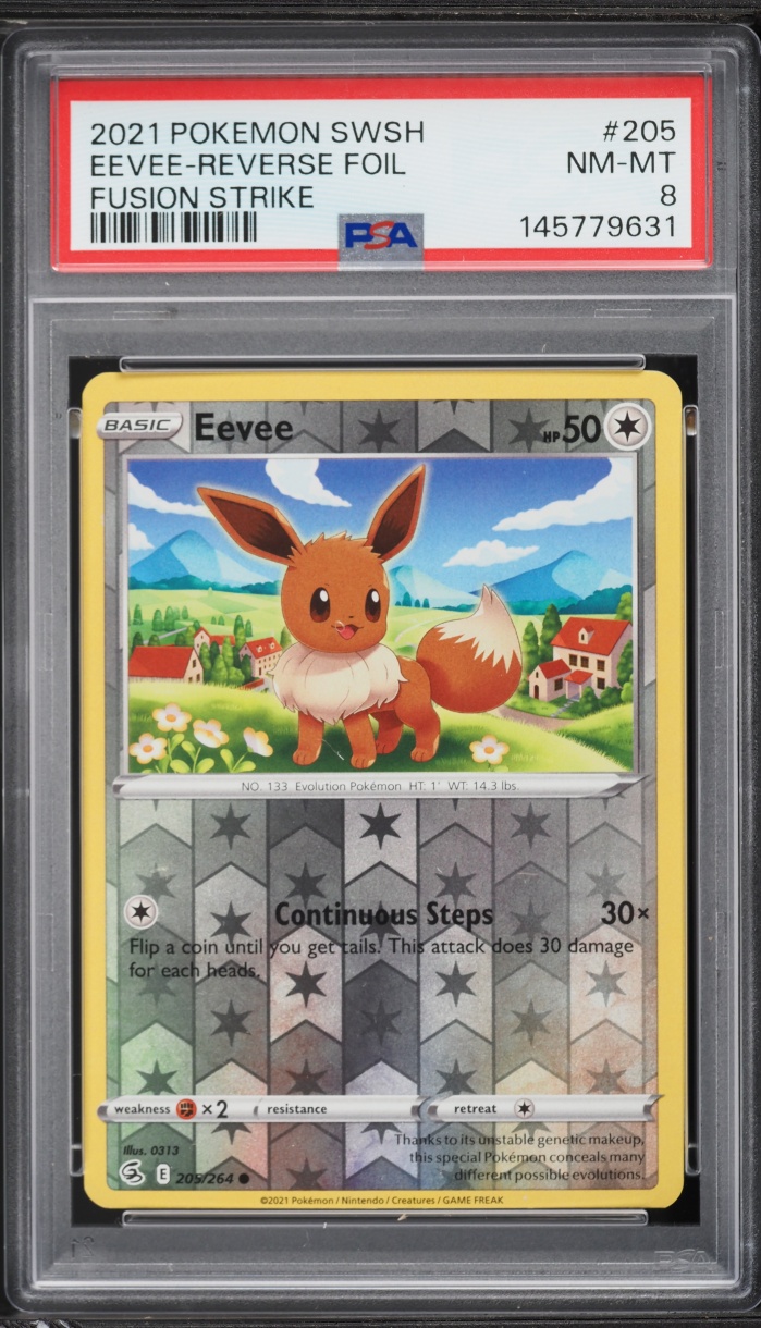 2021 Pokemon Sword & Shield Fusion Strike Reverse Holo Eevee #205 PSA 8 NM-MT