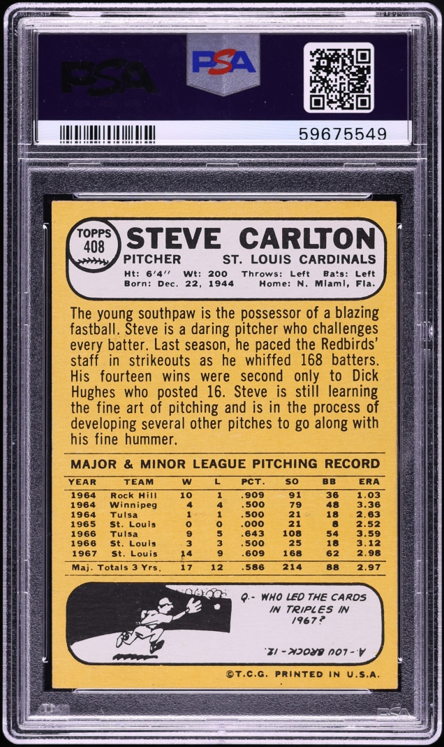 1968 Topps Steve Carlton #408 PSA 7 NRMT