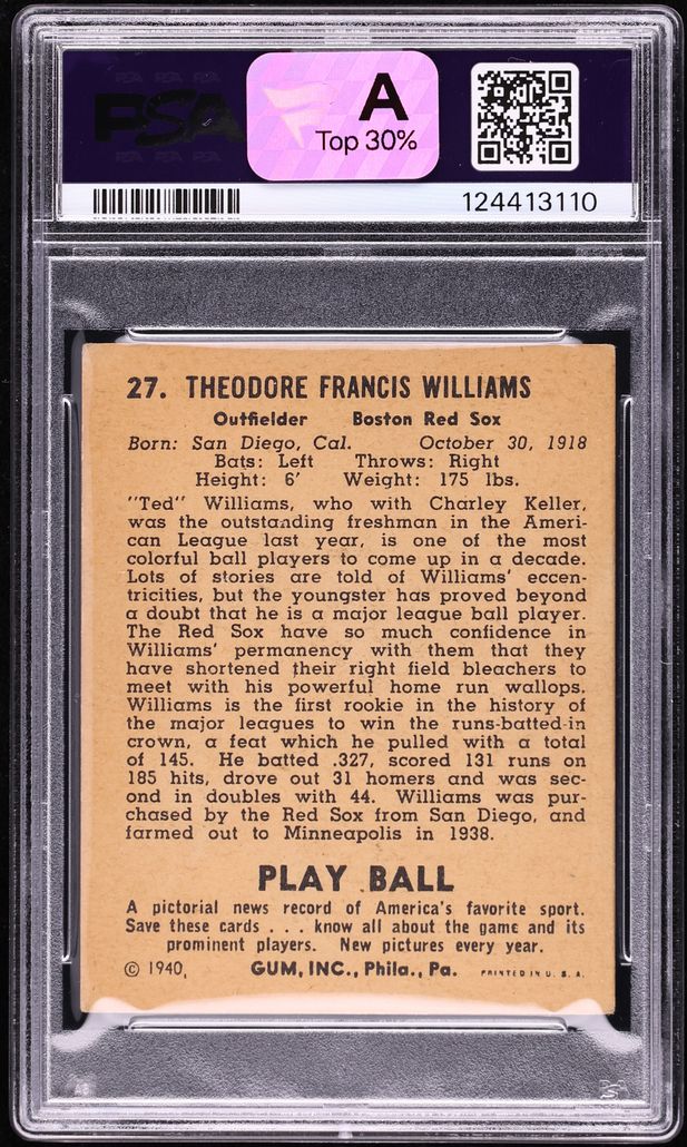1940 Play Ball Ted Williams #27 PSA 3 VG