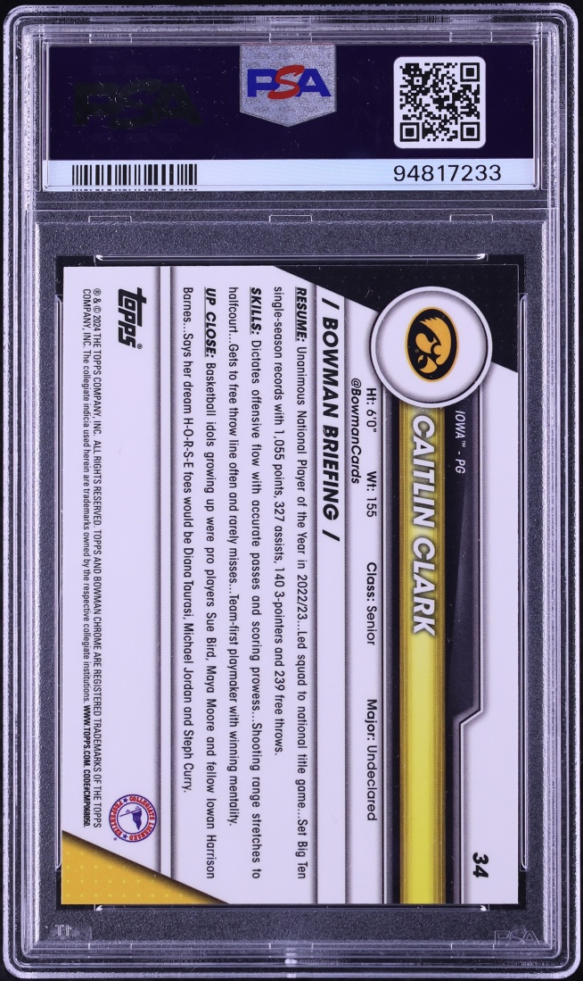 2023 Bowman Chrome University Caitlin Clark #34 PSA 10 GEM MINT