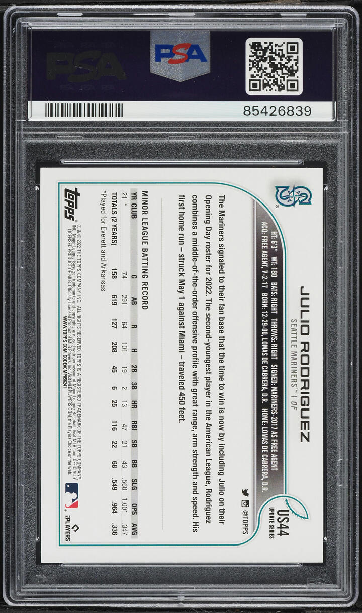2022 Topps Update Julio Rodriguez ROOKIE #US44 PSA 10 GEM MINT