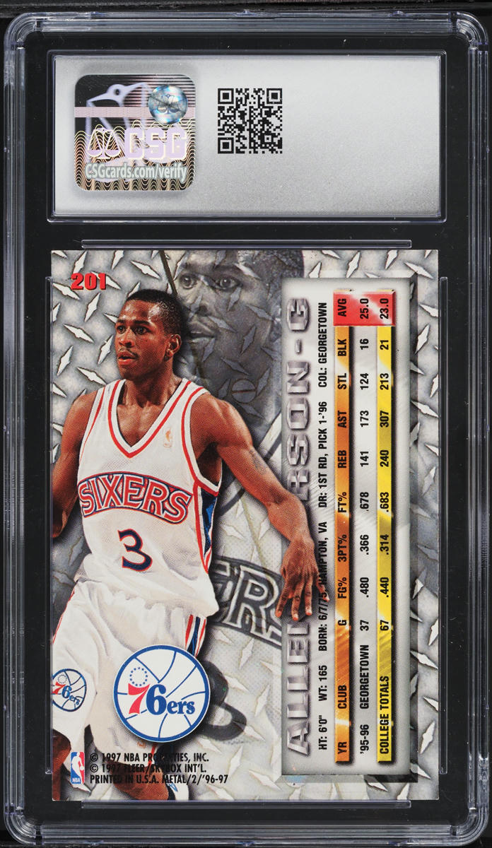 1996 Metal Basketball Allen Iverson ROOKIE #201 CSG 7.5 NRMT+