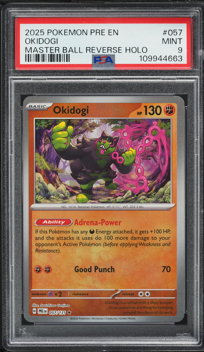 2025 Pokemon SV Prismatic Evolutions Master Ball Holo Okidogi #57 PSA 9 MINT