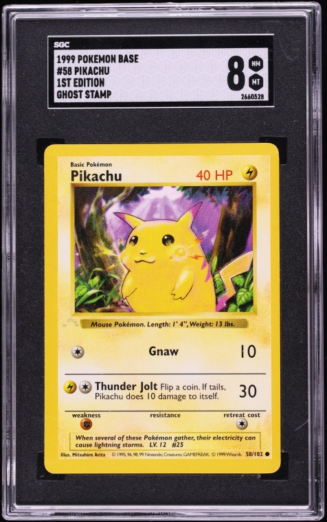 1999 Pokemon Base Set Shadowless 1st Edition Ghost Stamp Pikachu #58 SGC 8 NM-MT