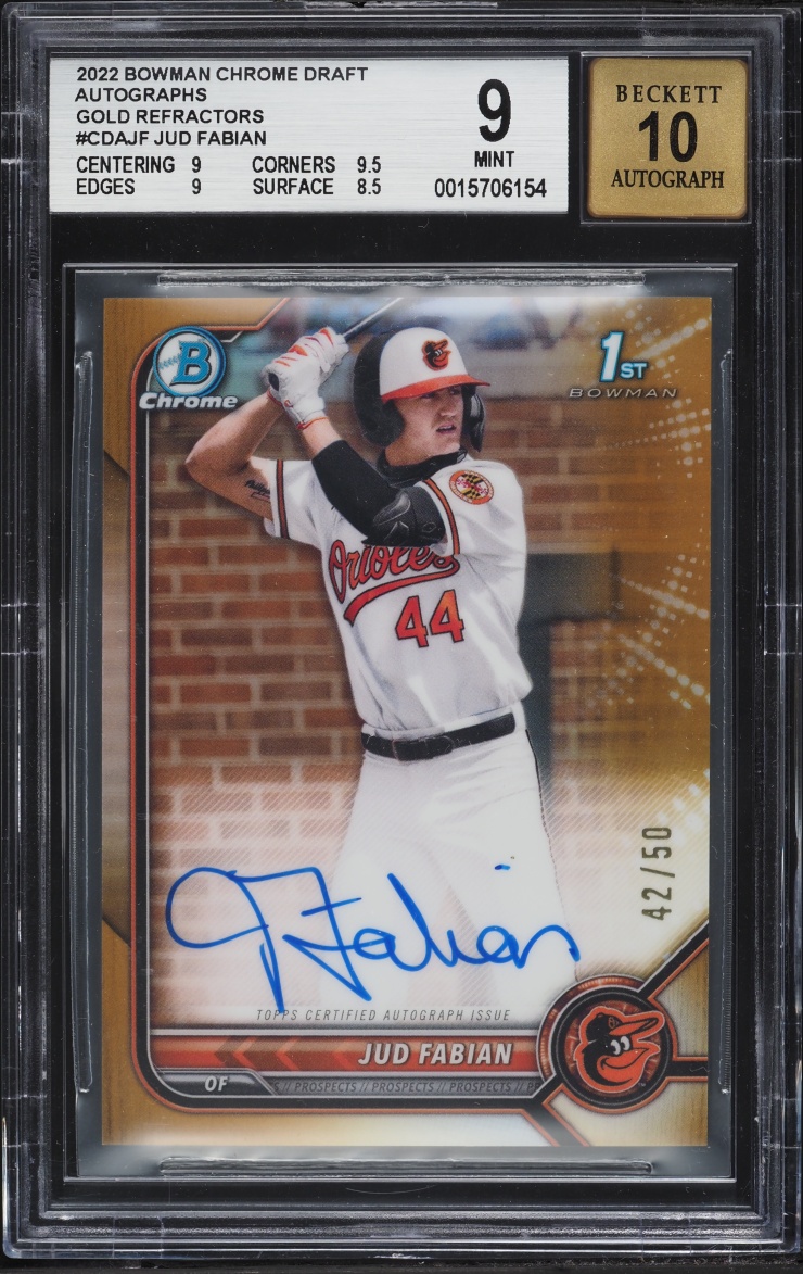 2022 Bowman Chrome Draft Gold Refractor Jud Fabian PROSPECT AUTO /50 #CDA-JF BGS 9 MINT