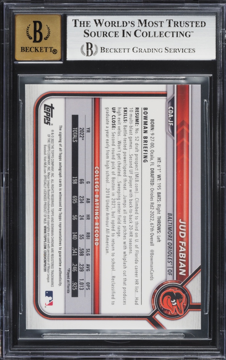 2022 Bowman Chrome Draft Gold Refractor Jud Fabian PROSPECT AUTO /50 #CDA-JF BGS 9 MINT