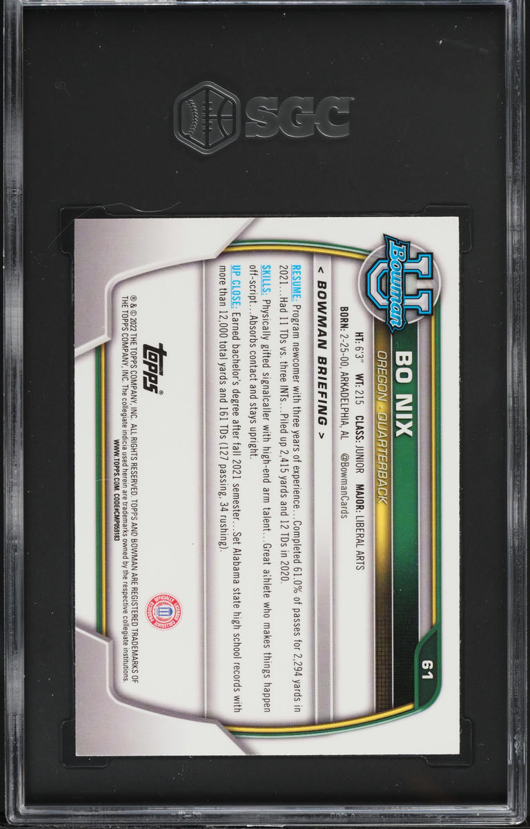 2022 Bowman Chrome University Pink Refractor Bo Nix ROOKIE #61 SGC 8 NM-MT