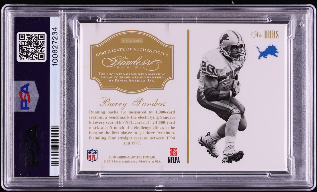 2016 Panini Flawless Dual Ruby Barry Sanders GAME-WORN PATCH AUTO 10/10 #DUBS PSA 9 MINT - Photo 2