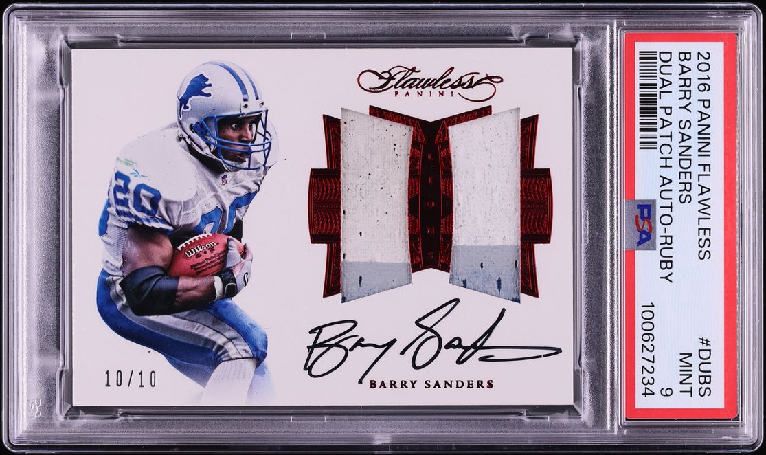 2016 Panini Flawless Dual Ruby Barry Sanders GAME-WORN PATCH AUTO 10/10 #DUBS PSA 9 MINT - Photo 1