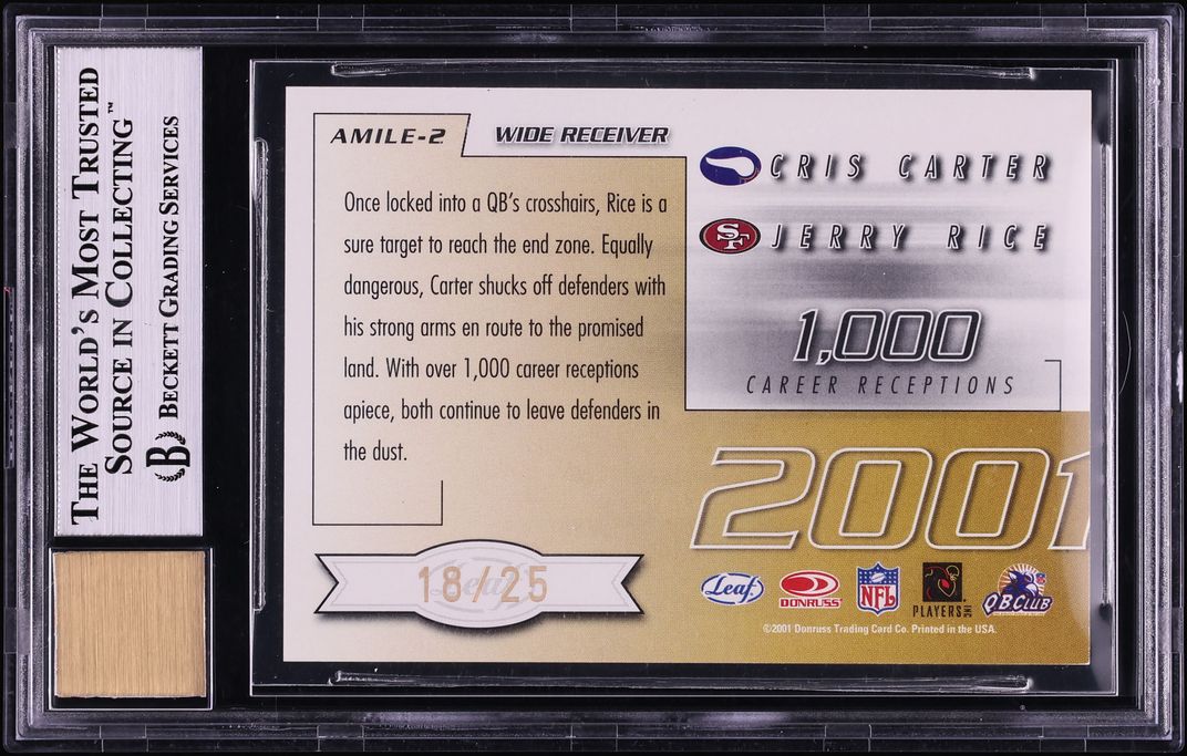 2001 Quantum Leaf All-Millennium Milestones Cris Carter Jerry Rice AUTO /25 #2 BGS 9 MINT - Photo 2