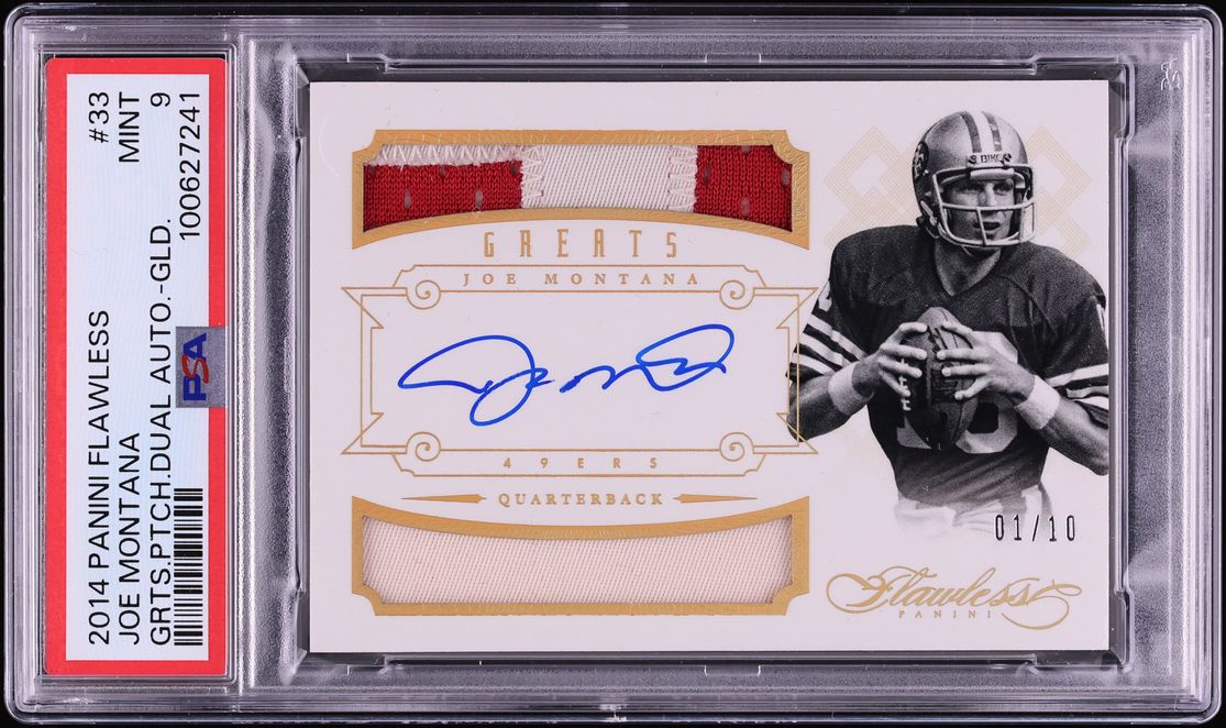2014 Panini Flawless Greats Dual Gold Joe Montana GAME-WORN PATCH AUTO 1/10 #33 PSA 9 MINT - Photo 1