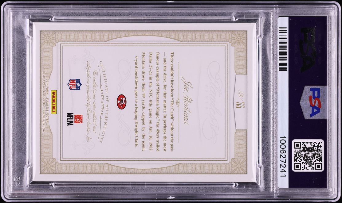 2014 Panini Flawless Greats Dual Gold Joe Montana GAME-WORN PATCH AUTO 1/10 #33 PSA 9 MINT - Photo 2